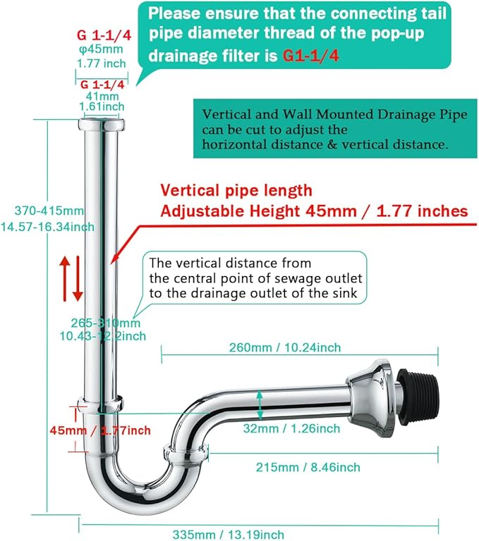 Brass P Trap U-Shape 1 1/4 inch Sink Drain Pipe with Slip Joint Extension Tub,12 inch Vertical Pipe length Adjustable Height Sink Waste Trap Drain Kit Chrome,SE83555C-L