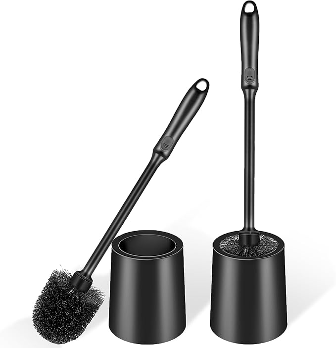 2 Pack Toilet Brush and Holder Set, Long Handle, Non-Slip Grip, Nylon Bristles, Deep Cleaning for Bathroom, Toilet Scrubber- Black