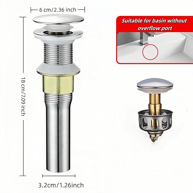 Pop-Up Sink Drain for No Overflow Basin, Stainless Steel, Hair Catcher Filter, 7.09 inch Length, Brushed Nickel (Nonporous)