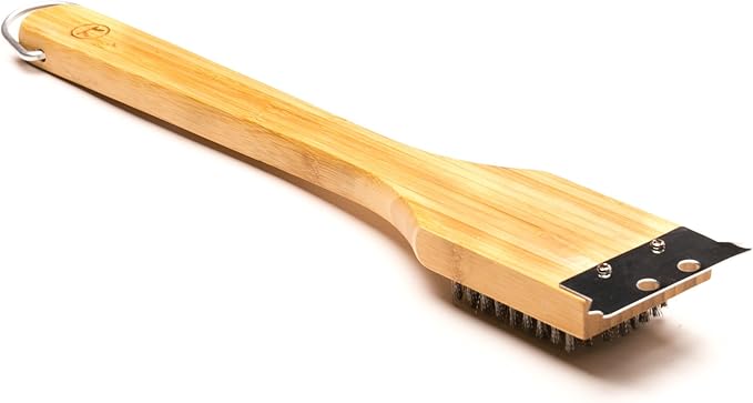 Outset QV40 Verde Collection Grill Brush and Scraper, 14.5 inches, Bamboo Handle
