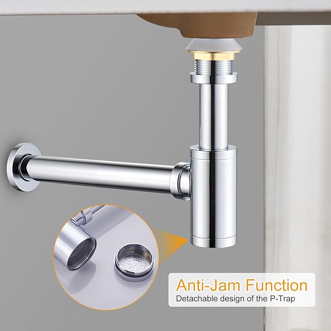 Bathroom Sink P-Trap Complete Set, Height Adjustable Bottle Trap with Pop Up Drain Stopper with Overflow, Chrome