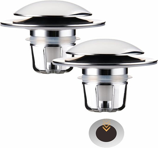 2 Pack Chrome Bathroom Sink Drain Stopper Replacement,Wellup 2-in-1 Bathroom Sink Stopper for 1 1/8"-1 1/2" Sink Drain Hole,Universal Pop up Sink Stopper with Anti-Clogging Strainer