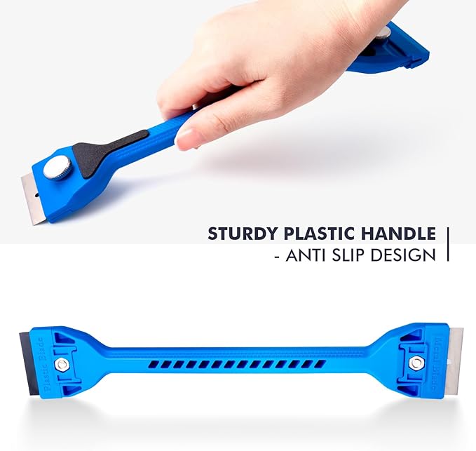FOSHIO Long Handle Razor Blade Scraper, Two Sided Scraper Tool with Double Edged 10PCS Plastic Razor Blades & 10PCS Metal Razor Blades for Scraping on Stove Glass, Cleaning Glue, Decal, Sticker, Label