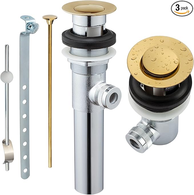Artiwell Sink Pop-Up Drain Stopper Assembly with Lift Rod and Overflow, Solid Brass Lavatory Pop Up Drain Assembly for Bathroom Vanity Sink, All Brass Construction (Polished Brass)