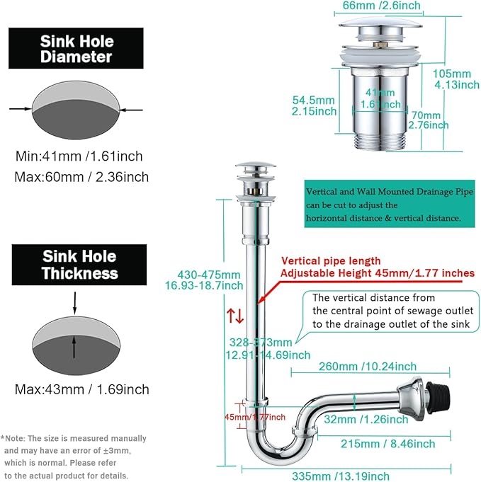 Brass P Trap with Pop Up Drain Stopper With Overflow,U-Shape 1 1/4 Slip Joint Extension Tub Sink Drain Pipe,12 inch Pipe length Adjustable Height Sink Waste Trap Drain Kit,Chrome