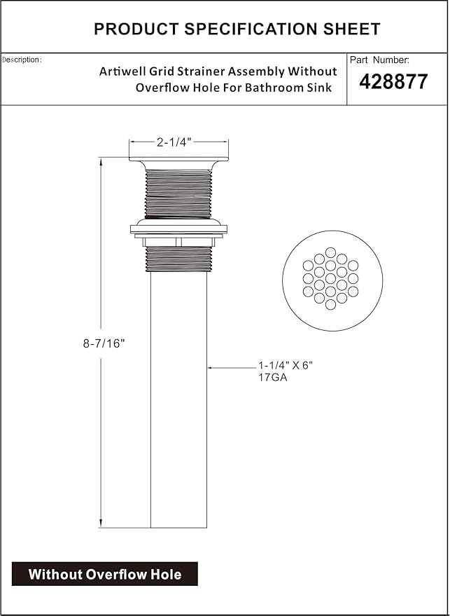 Artiwell Grid Drain Strainer Assembly Without Overflow for Bathroom Sink, C.O. Plug Lavatory Drain, Matte Black