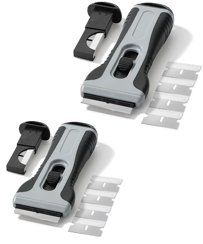 Bates- Razor Blade Scraper Tool, 2 Pack, Gray, 30 Extra Carbon Steel Blades, Anti-Slip Ergonomic Handle Design, Razor Scraper with Buid-In Blade Storage for Cleaning Window, Paint, Oven, Glass Stove