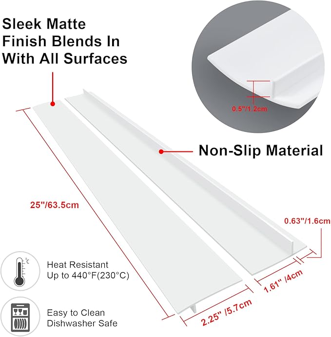 Silicone Stove Counter Gap Cover (2 Pack),Easy Clean Heat Resistant Wide & Long Kitchen Stove Gap Filler,Seals Spills Between Counters, Oven, Stovetops, Washing Machines, Washer, Dryer(25in, White)
