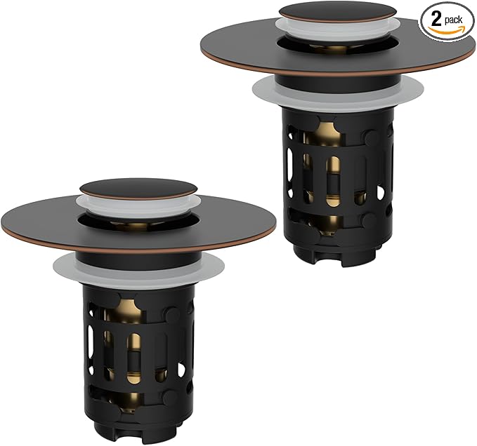 Hibbent 2 Pack 3 in 1 Bathroom Sink Drain Strainer, Pop Up Stopper with Removable Stainless Steel Filter Basket Hair Catcher, Sink Plug for 1.1''~2.36'' Basin, Brass Bullet Core, Oil Rubbed Bronze