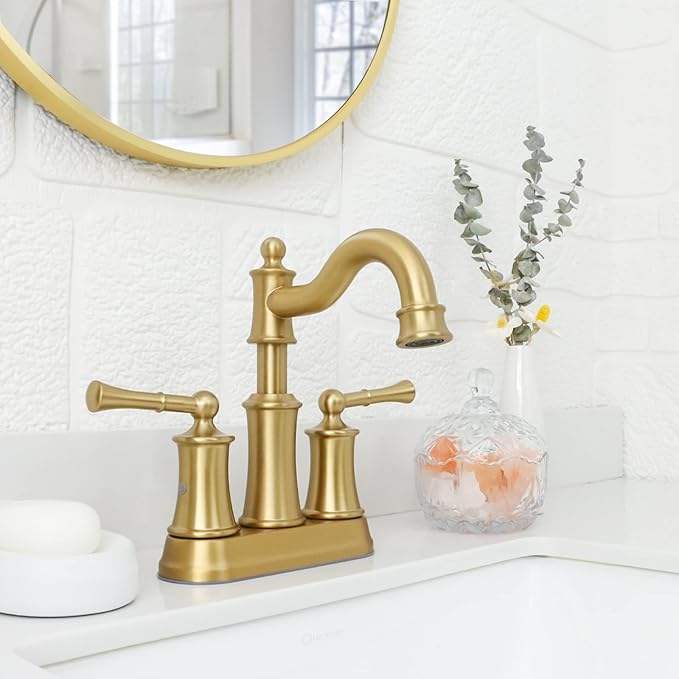 Roman Bathroom Sink Faucet Deck Mount or Wall Mount Installation Pop-up Drain Assembly with Overflow Deck Plate and Water Supply Lines Included (2 Hole Deck Mount, Brushed Gold)