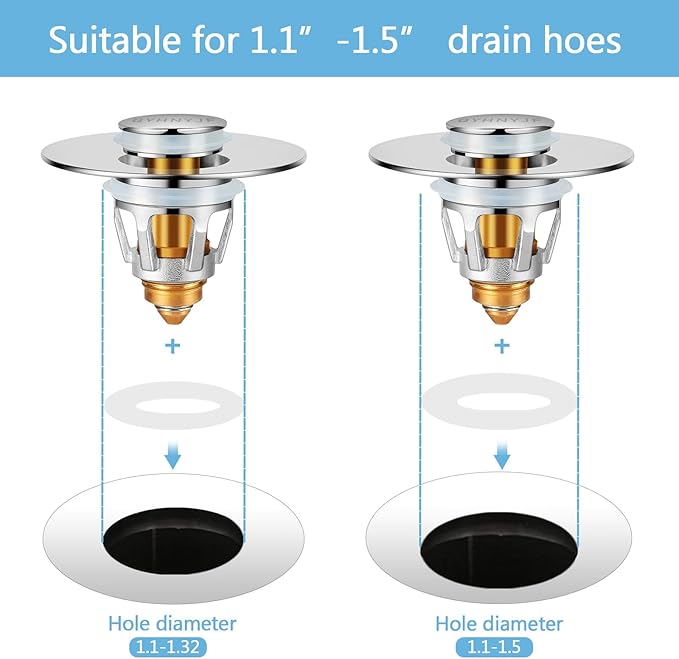 Bathroom Sink Stopper with Hair Catcher – Universal Pop-Up Drain Strainer for 1.1–1.5 inch US Standard Sink Drain Holes, Includes 2 Sets of Silicone Gaskets