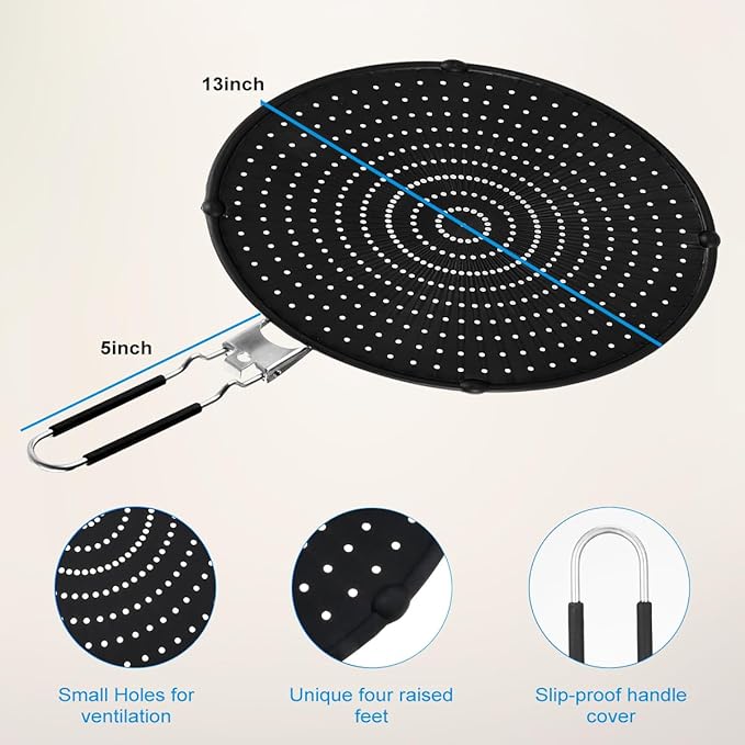Silicone Splatter Screen, Silicone Splatter Screen for Frying Pan 13", Foldable Grease Guard Heat Resistant Oil Splash Guard, Non-Stick, For Daily Cooking and Baking(Black）