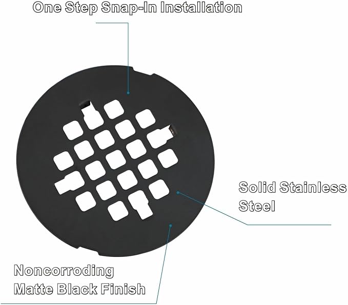 Matte Black Snap-in Shower Drain Cover Replacement, Welsan Stainless Steel 4-1/4" OD Round Shower Strainer Grid Easy to Install