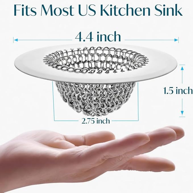 2 Pack Chainlink Kitchen Sink Drain Strainer 4.4 Inch - 304 Stainless Steel Wide Rim Sink Strainer, Chainmail Sink Filter, Fits Most US Kitchen Sinks
