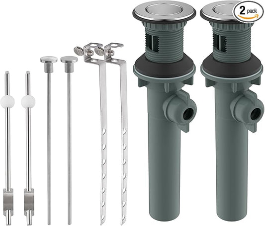 Bathroom Sink Drain with Overflow, 2 Pack Push and Seal Pop Up Drain Stopper with Lift Rod for Bathroom Lavatory Vanity Vessel, Compatible with Moen, American Standard, Universal Hole, Chrome