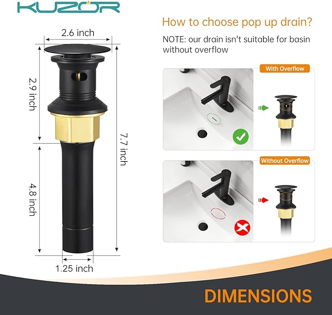 Matte Black Pop Up Bathroom Sink Drain with Overflow - Fits 1-5/8" to 2" Holes, 304 Stainless Steel for Vanity/Vessel Sink