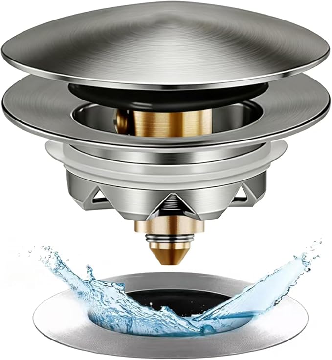 Bathtub Drain Stopper, Pop Up Tub Stopper and Cover, Bottom with Hair Catcher, Universal for 1.45 to 1.8in Drain, Replaces Old Drain Plug, Brushed Nickel