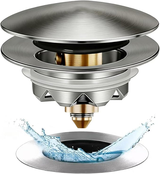 Bathtub Drain Stopper, Pop Up Tub Stopper and Cover, Bottom with Hair Catcher, Universal for 1.45 to 1.8in Drain, Replaces Old Drain Plug, Brushed Nickel