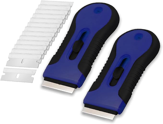 Bates- Razor Blade Scraper Tool, 2 Pack, 30 Extra Stainless Steel Blades, Anti-Slip Ergonomic Handle Design, Razor Scraper Set for Cleaning Window, Paint, Oven, Glass, Stove