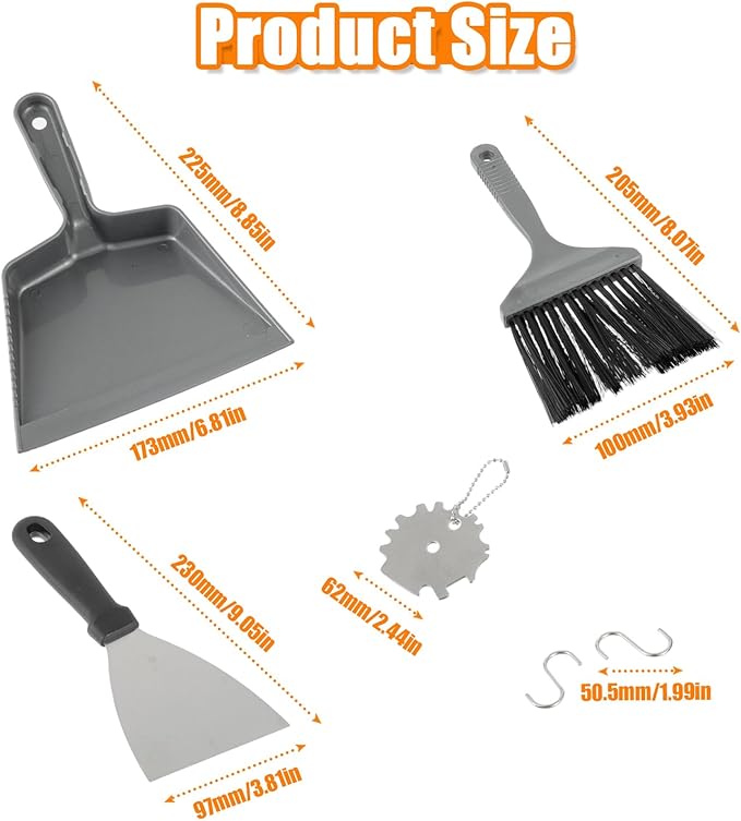 6 Piece Pellet Grill Ash Cleaning Kit, Includes 1 Dust Scoop, 1 Soft Bristle Brush, 1 Flat Scraper, 1 3D Scraper, 2 Hook