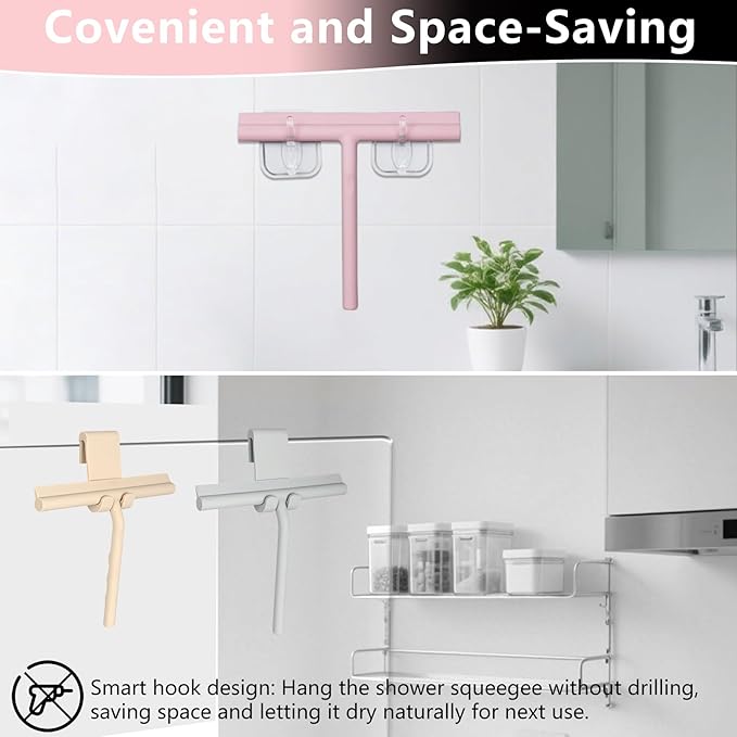 Silicone Shower Squeegee for Glass Doors Window Squeegee for Walls, Sink, Mirror, Bathroom, Car Window Cleaning - Pink