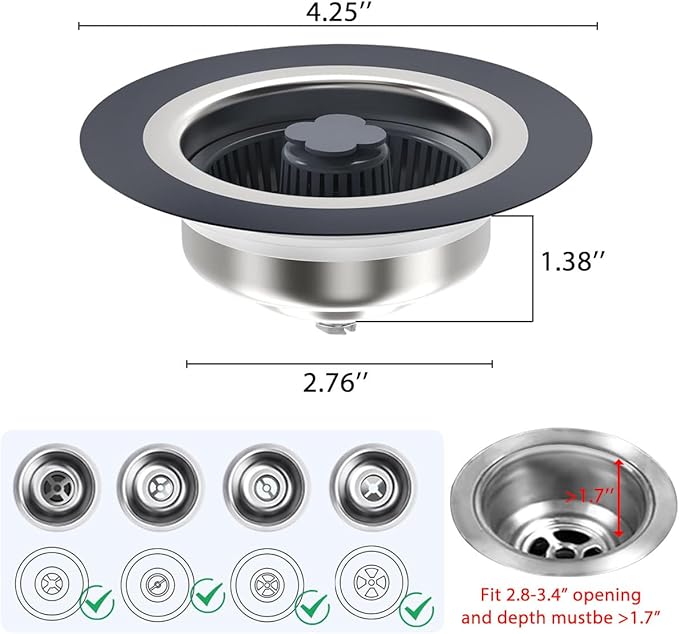 3 in 1 Kitchen Sink Drain Strainer and Stopper Combo, Stainless Steel Pop Up Kitchen Sink Stopper, Sink Drain Strainer for Standard 3-1/2 Inch Drain