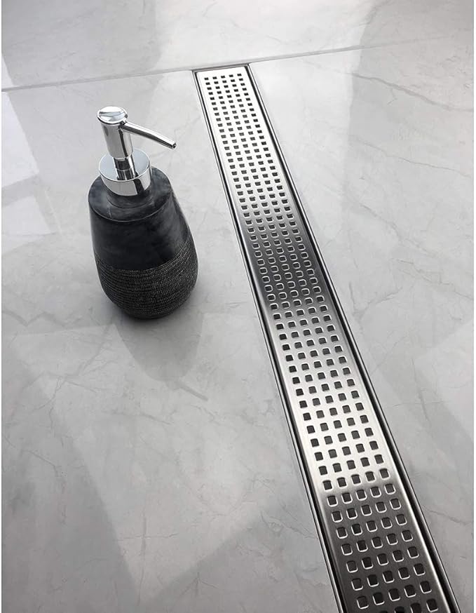 Neodrain 54-Inch Linear Shower Drain with Removable Quadrato Pattern Grate,Brushed 304 Stainless Steel Rectangle Shower Floor Drainr, Linear Drain with Leveling Feet,Hair Strainer