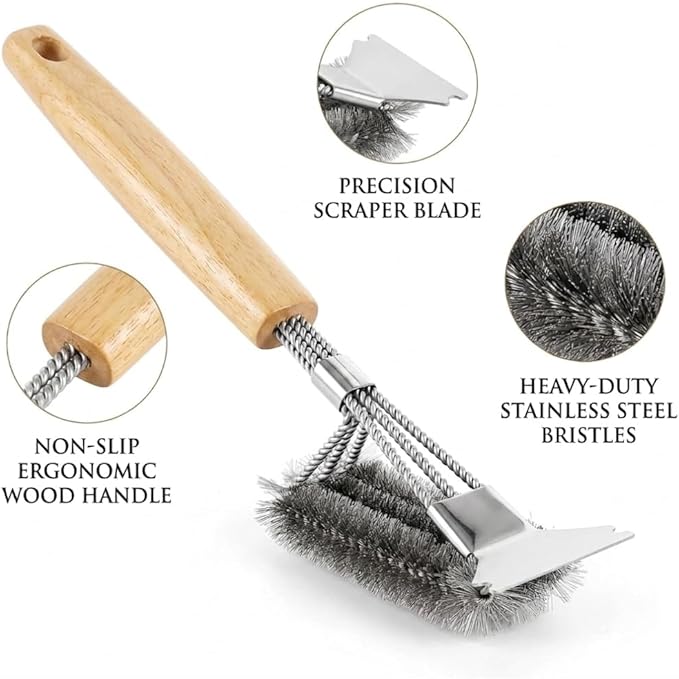 Grill Brush for Outdoor Grill - BBQ Grill Brush Stainless Steel with Scraper &Wooden Handle, Grill Cleaning Brush for Gas/Charcoal Grill, 2-Pack BBQ Cleaning Brush Grill Accessories Gift for Men Dad