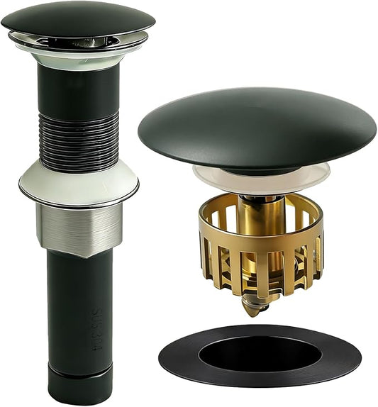Bathroom Sink Drain, Without Overflow, Pop up Sink Drain Stopper with Strainer Plug for Vessel Sink Lavatory Vanity, SUS 304 Stainless Steel, Matte Black