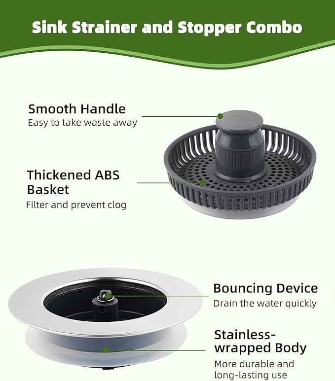 Universal 2PCS Kitchen Sink Strainer Stopper Combo, 3 in 1 Pop Up Kitchen Sink Stopper with Chrome Stainless Steel Wraped Shell for US Standard 3-1/2 inch Drain Filter, Anti-Clog