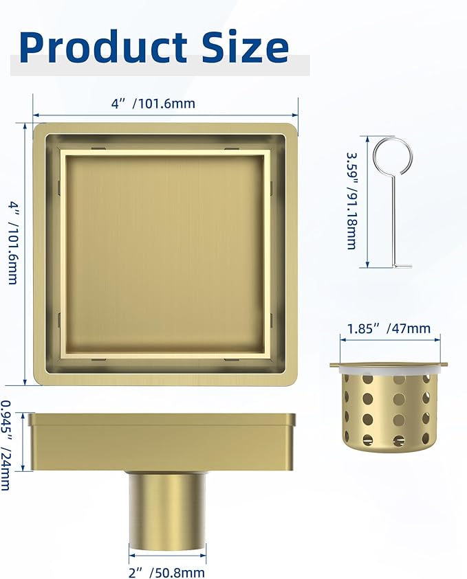 4 Inch Gold Shower Drain, Modern 2-in-1 Tiled Shower Drain - 304 Stainless Steel Square Shower Floor Drain for Bathroom, Brushed Gold Drain Shower with Tile Insert Grate Removable, Hair Strainer