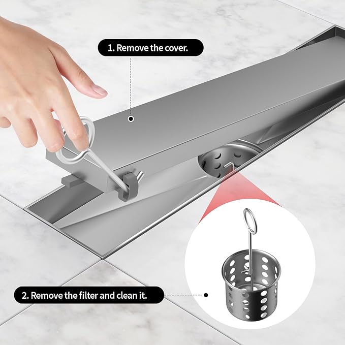 Linear Shower Drain, 304 Stainless Steel with Adjustable Leveling Feet, Hair Strainer,Reversely Install Place to Create an Invisible Floor Drain - Silver -32-Inch
