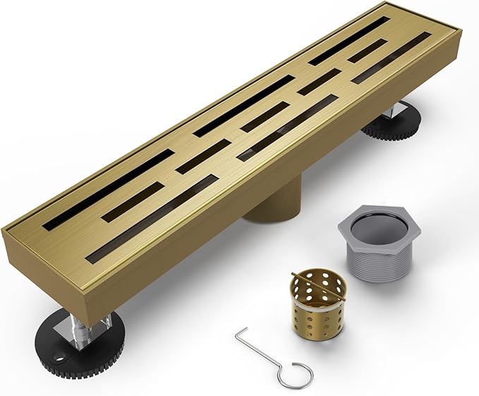 Brushed Titanium Gold Shower Drain 18 Inch, 304 Stainless Steel Linear Shower Drain with Removable Brick Pattern Grate - Adjustable Rectangular Shower Floor Drain with Hair Strainer, Linear Drain