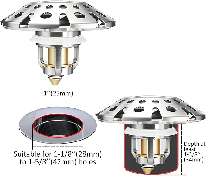 AzWzz Bathroom Sink Drain Strainer, 3 in 1 Pop Up Bathroom Sink Stopper Plug with Hair Catcher Cover, Universal for 1.06 in to 1.6 in Sink Drain, Brushed Nickel
