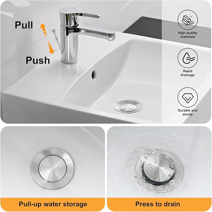 Pop-up Sink Drain Stopper with Lift Rod - Universal Bathroom Sink Drain Kit for Lavatory & Vanity Sink with Overflow, Fit Most US Drains (Chrome)