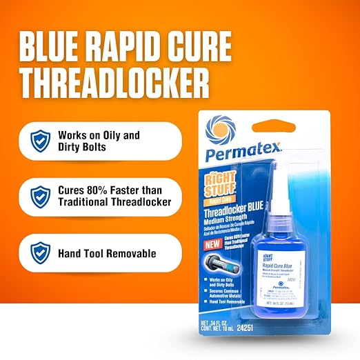 Permatex The Right Stuff Rapid Cure Blue Threadlocker 24251, Works on Oily & Dirty Fasteners, Automotive, Industrial & Hardware Use, Sets in 15m Cures in 4h, 10 ml