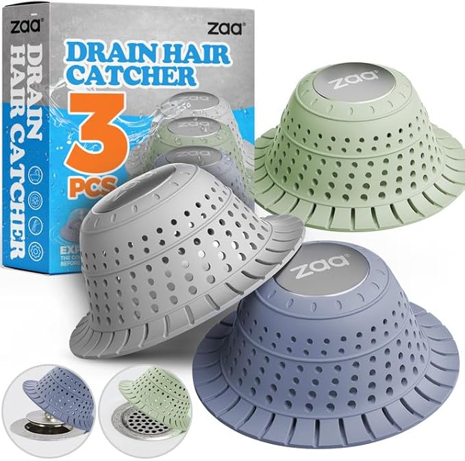 zaa Bathtub Drain Hair Catcher, Silicone Collapsible 3 Pack Drain Protector for Pop-Up and Regular Drains of Shower, Bathtub, Tub, Bathroom, Sink, Green Grey Blue