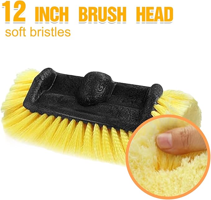 12FT Car Wash Brush with Long Handle, Car Cleaning Brush with 12 Inch Soft Bristle and Soap Dispenser, Solar Panels Cleaner with Telescoping Pole for RV, Truck, Boat, House Siding, Yellow