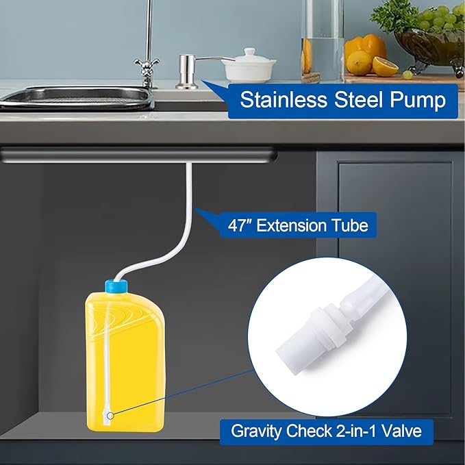 Husfunov Soap Dispenser for Kitchen Sink, Built in Sink Soap Dispenser (Brushed Nickel), Countertop Dish Soap Dispenser Stainless Steel Pump with 47" Extension Tube kit, No Need to Frequent Refills
