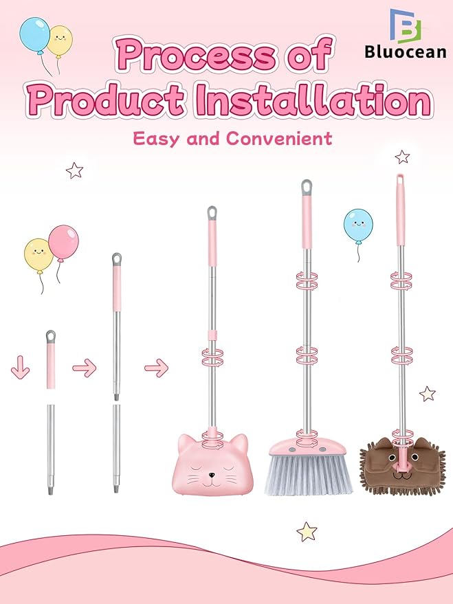 28'' Kids Mini Broom with Dustpan & Mop Set - Toddler Cleaning Toy, Toddler Household Helper, Parent-Child Interactive Play Cleaning Tool, Cute Cartoon Design, Small Safe Corner Broom (Pink)