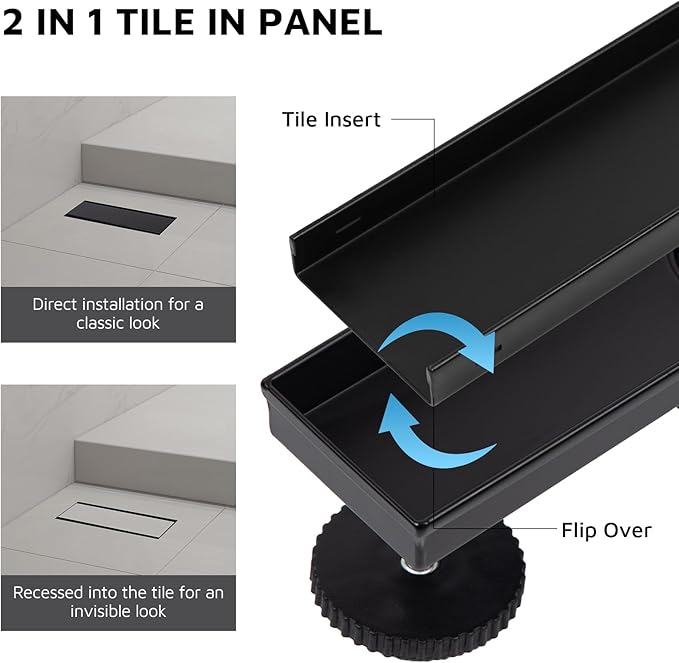 12 Inch Linear Shower Drain Matte Black, Rectangular Reversible 2 in 1 Tile Insert Grate, 304 Stainless Steel Shower Floor Drain Kit, Hair Catcher, Leveling Feet