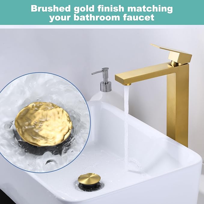 Bathroom Sink Drain Without Overflow, ARCORA Brushed Gold Pop Up Drain for Vessel Sink Clicker Drain Stopper