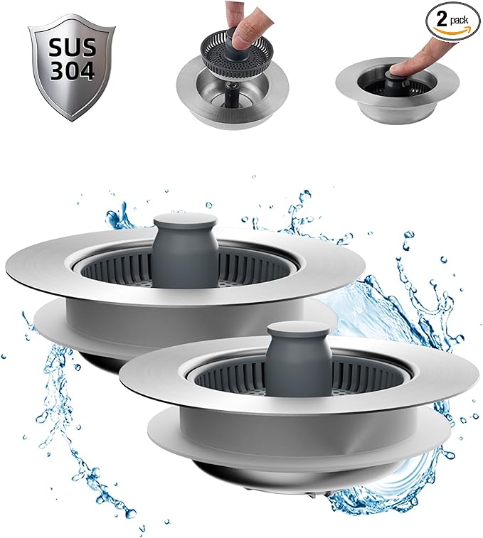 Hibbent 2 Pack Upgraded 3 in 1 Kitchen Sink Drain Strainer and Stopper Combo, Stainless Steel Metal Pop Up Sink Stopper, Anti-Clogging Basket Strainer with Handle for US Standard 3-1/2 Inch Drain