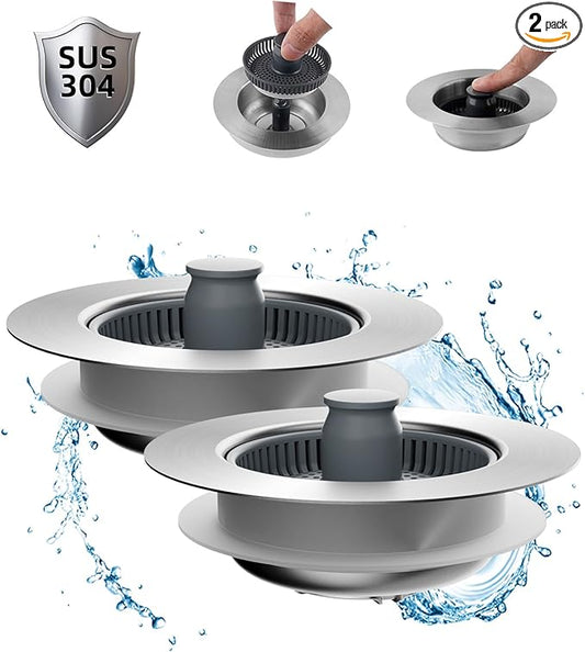 Hibbent 2 Pack Upgraded 3 in 1 Kitchen Sink Drain Strainer and Stopper Combo, Stainless Steel Metal Pop Up Sink Stopper, Anti-Clogging Basket Strainer with Handle for US Standard 3-1/2 Inch Drain