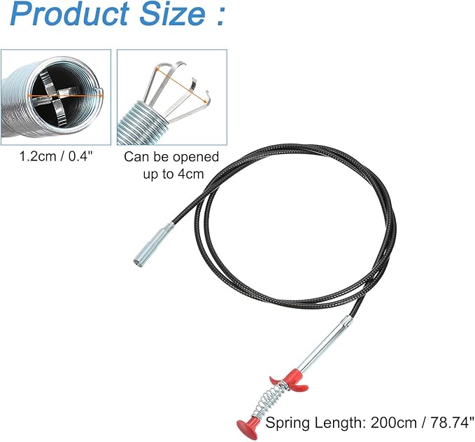 uxcell 78.74" Drain Clog Remover, Gutter Cleaning Tools Drain Cleaner, Flexible Grabber Claw Pick Up Reacher for Kitchen Bathroom Tub