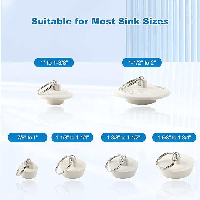 Hibbent 6 Pieces Drain Stopper, Rubber Kitchen Sink Drain, Sink Stopper Drain Plug with Pull Ring for Kitchen, Bathtub, Bathroom and Laundry Sink in 6 Different Sizes, White