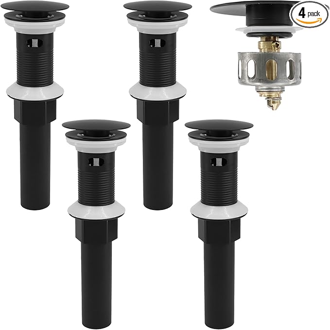 Bathroom Sink Drain,4 Pack Drain Stopper with Overflow,Pop Up Drain Assembly with Detachable Strainer Basket,Built-in Anti-Clogging, Stainless Steel Nut Mattle Black
