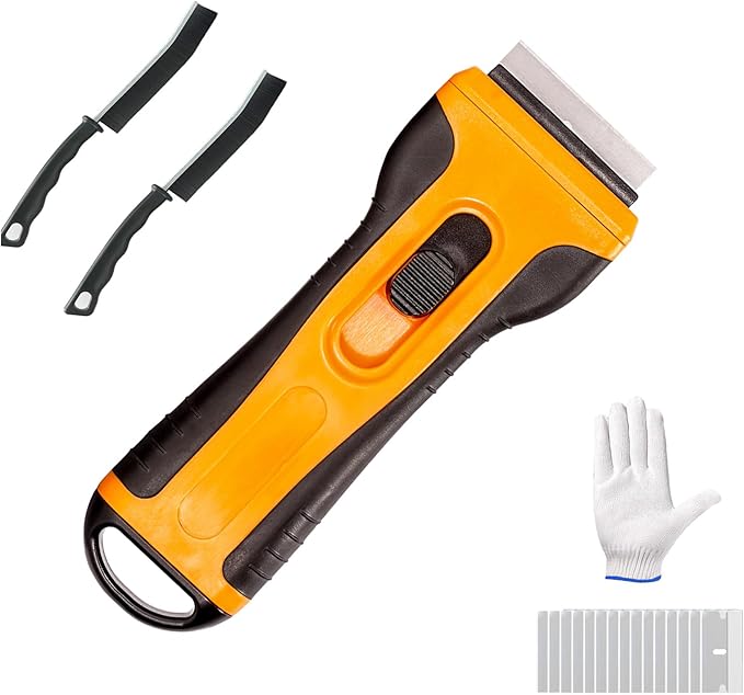 Razor Blade Scraper Tool Cleaning Sticky Residue Cooking Stains Paint on Glass Window Multi-Surface Handy Paint Scraper with 15pcs SK5 Blades 2pcs Crevice Cleaning Brush Included