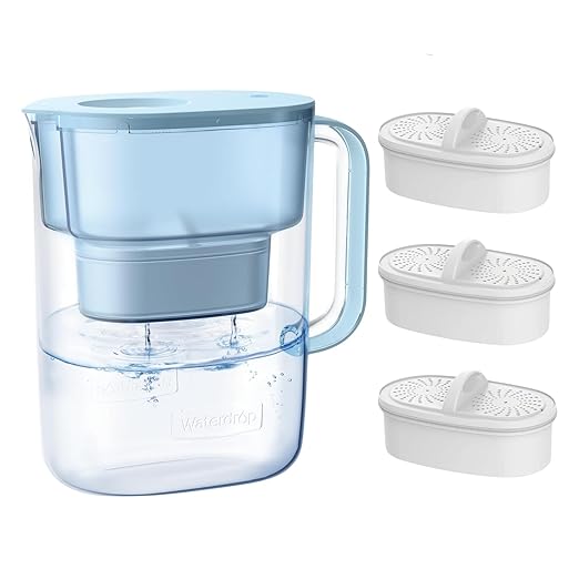 Waterdrop PT-07B Water Filter Pitcher with 3 Filters, 10-Cup, NSF Certified, 600-Gallon Long-Life, Improved Coffee & Tea Taste, Reduces PFOA/PFOS, Chlorine, 5X Longer Filter Life, Blue