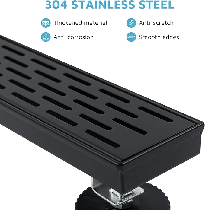 24 Inch Linear Shower Drain Matte Black, Rectangular Shower Floor Drain Kit 304 Stainless Steel, Removable Brick Pattern Grate, Hair Catcher, Leveling Feet